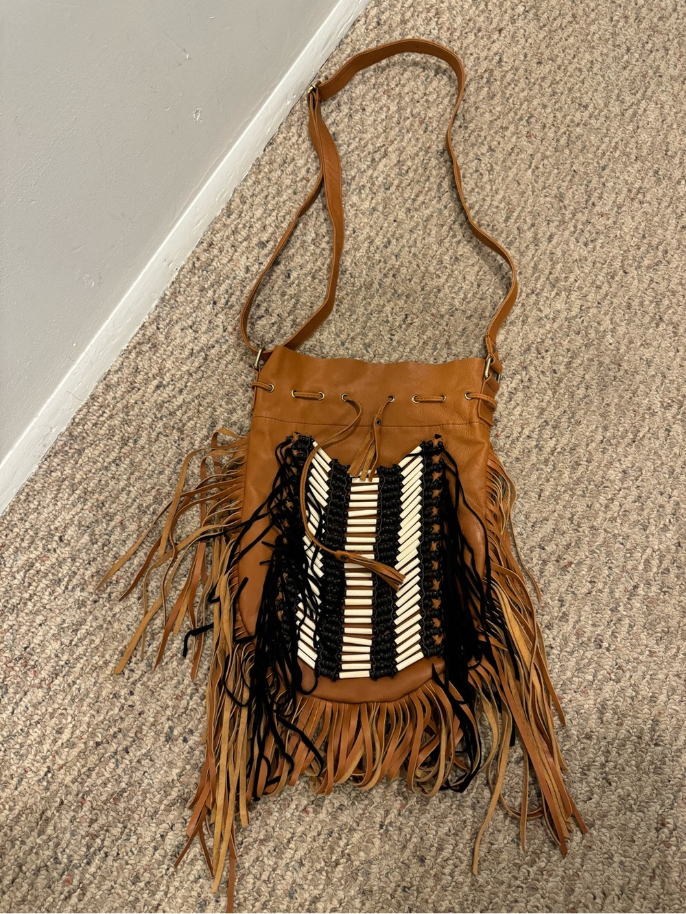 Tan Fringe Crossbody Bag with Black & Cream Braided Accent